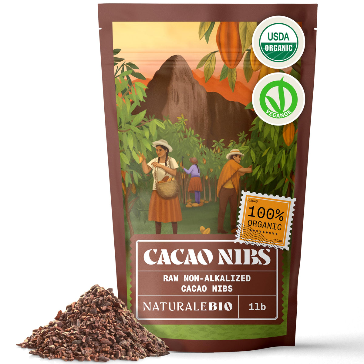 NaturaleBio Organic Cacao Nibs 1 lb — Unsweetened, Non-Alkalized, Pure Raw Cacao Beans