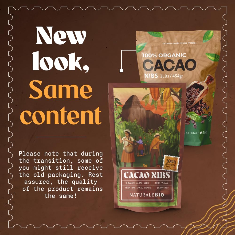 NaturaleBio Organic Cacao Nibs 1 lb — Unsweetened, Non-Alkalized, Pure Raw Cacao Beans