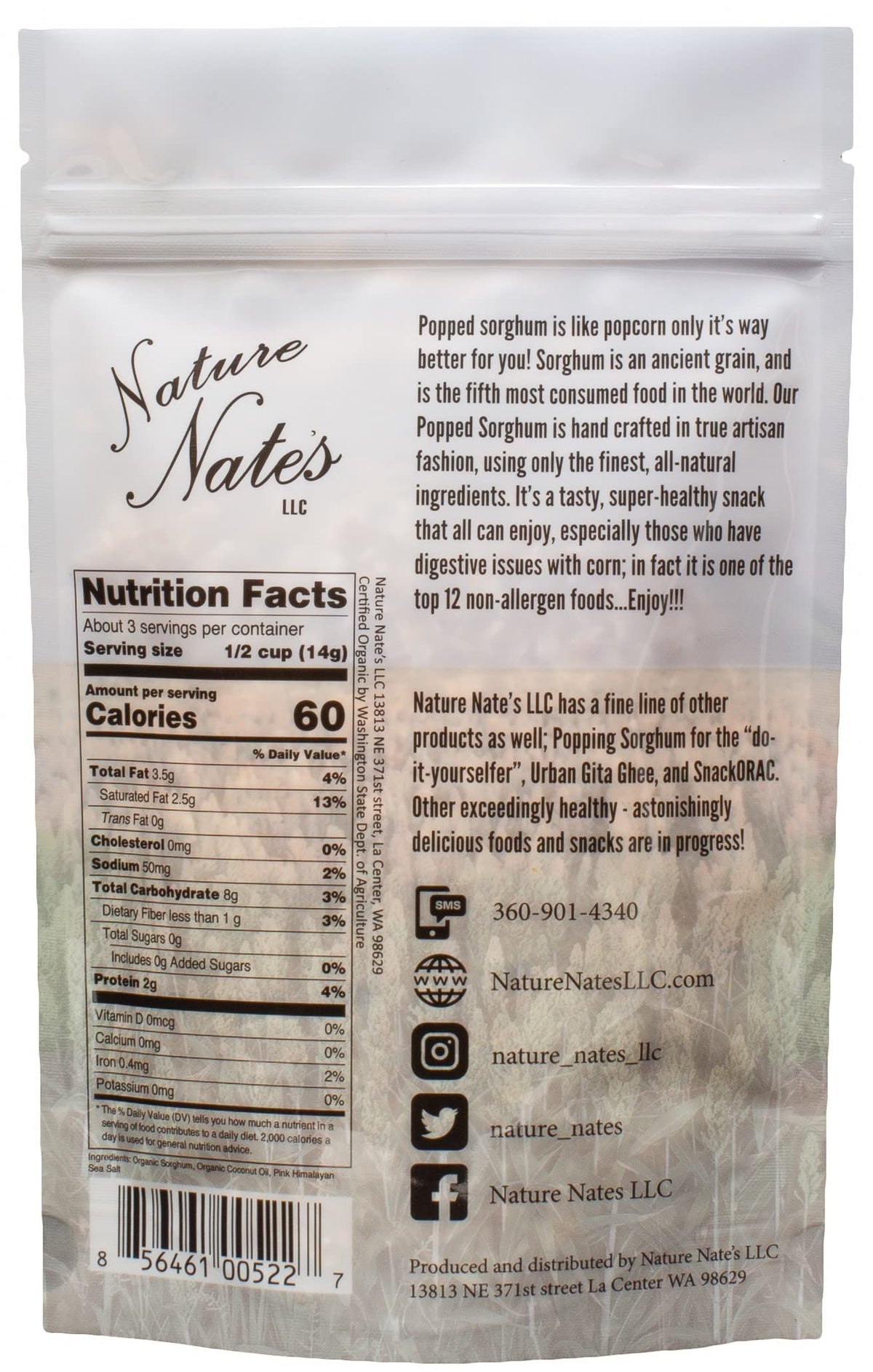 Nature Nate's Popped Sorghum with Coconut Oil & Pink Himalayan Sea Salt – Organic, Keto & Gluten Free (1.7 oz x 6)