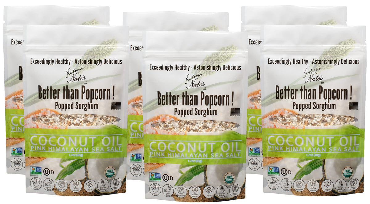 Nature Nate's Popped Sorghum with Coconut Oil & Pink Himalayan Sea Salt – Organic, Keto & Gluten Free (1.7 oz x 6)