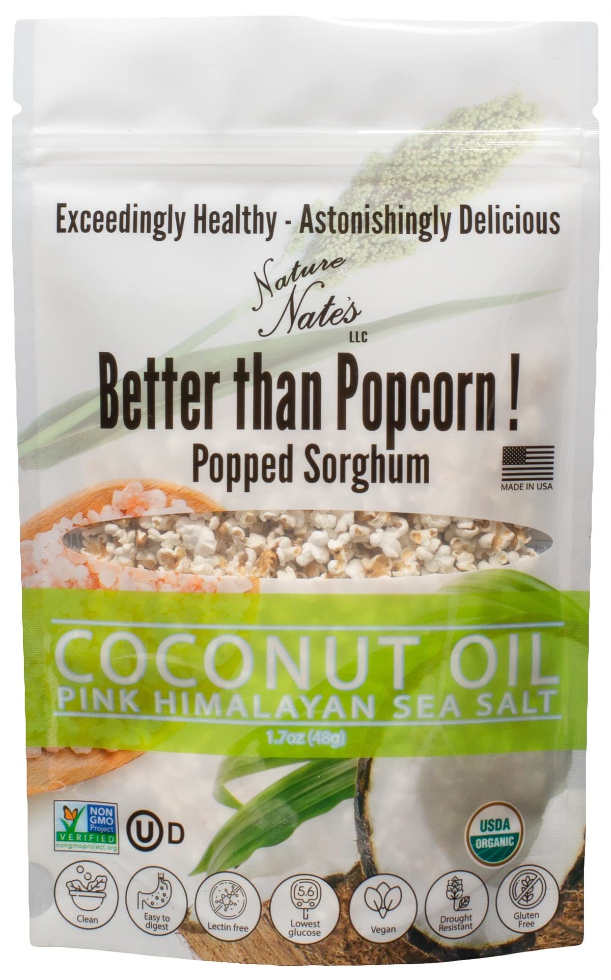 Nature Nate's Popped Sorghum with Coconut Oil & Pink Himalayan Sea Salt – Organic, Keto & Gluten Free (1.7 oz x 6)