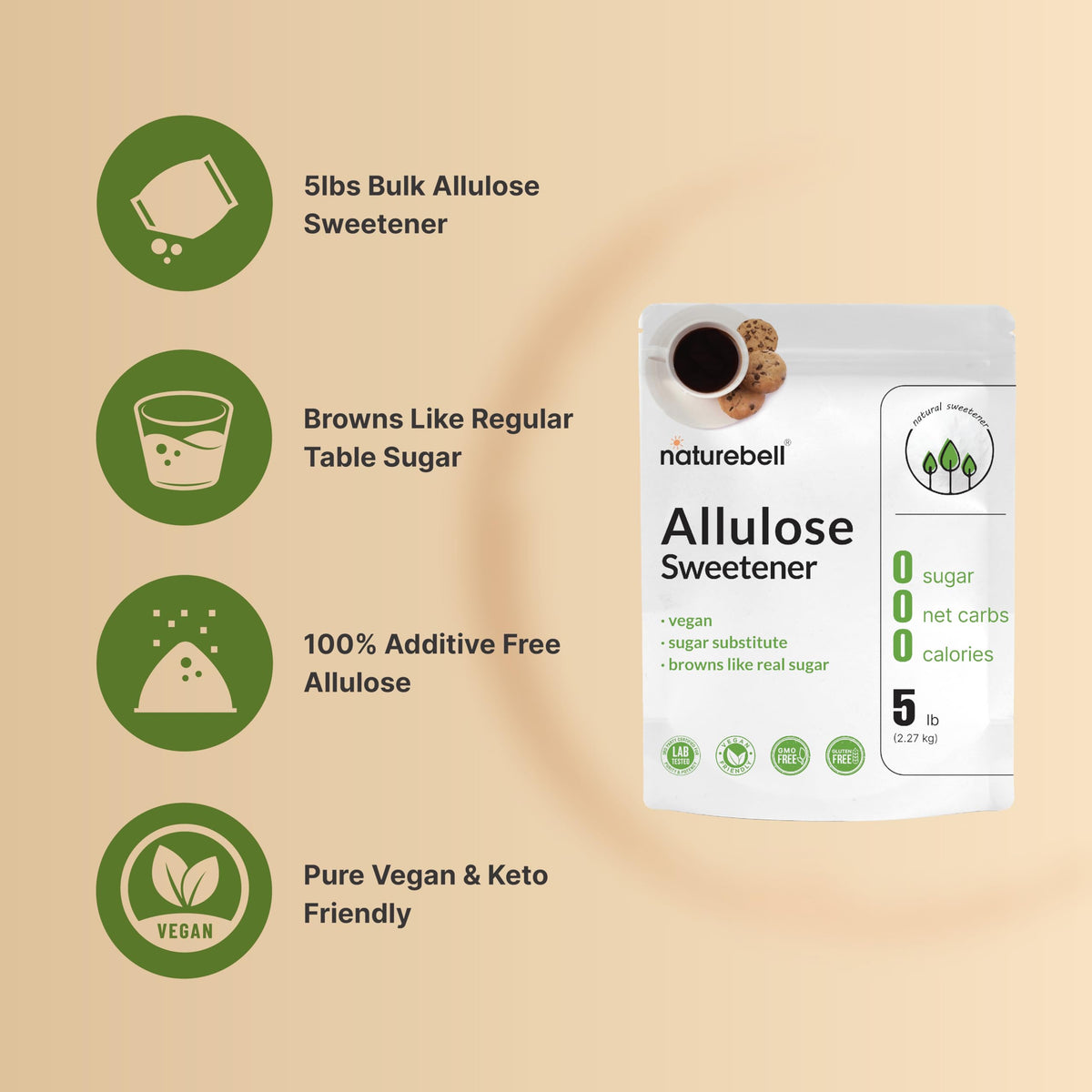 NatureBell Allulose Sweetener, 5 Lbs | 0 Calorie, 0 Sugar, Browns Like Sugar | Keto & Vegan Bulk