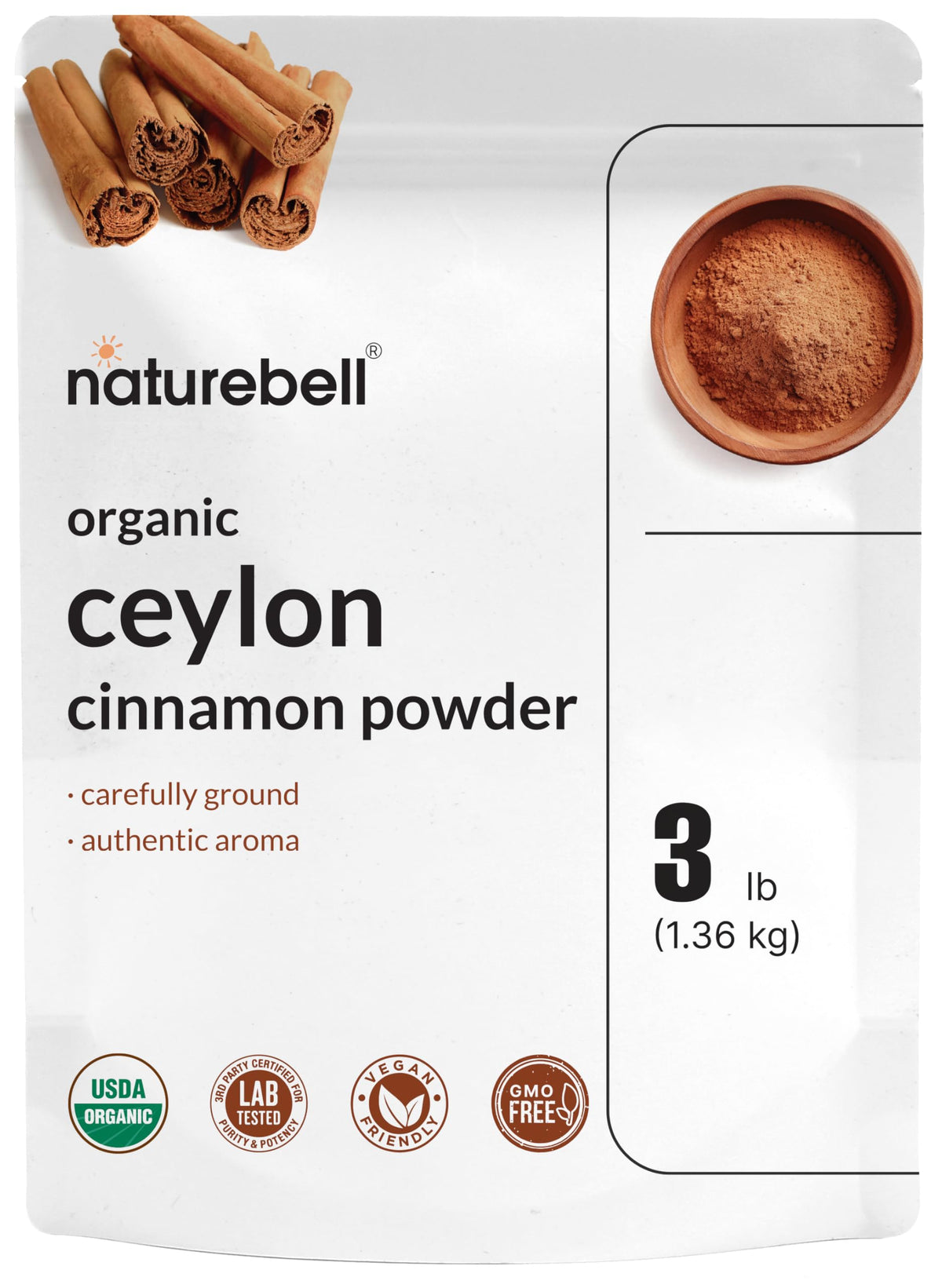 NatureBell Organic Ceylon Cinnamon Powder – 3lbs | True Sri Lanka Bark Source, Freshly Ground, Non-GMO, Gluten-Free
