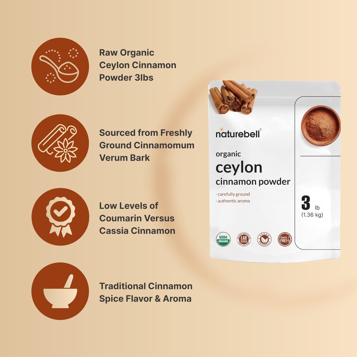 NatureBell Organic Ceylon Cinnamon Powder – 3lbs | True Sri Lanka Bark Source, Freshly Ground, Non-GMO, Gluten-Free