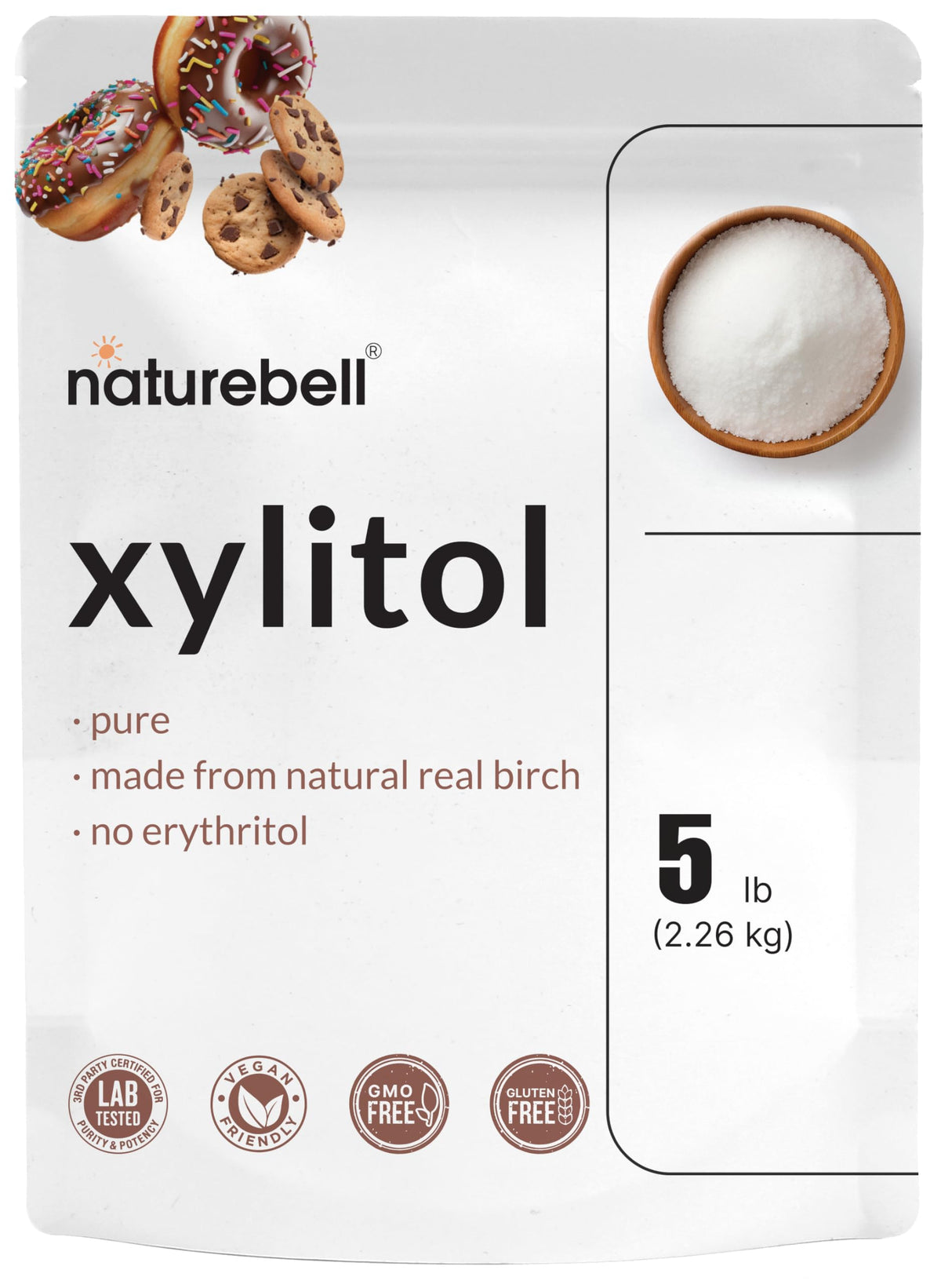 NatureBell Xylitol Sweetener 5lb — 1:1 Sugar Substitute, No Erythritol