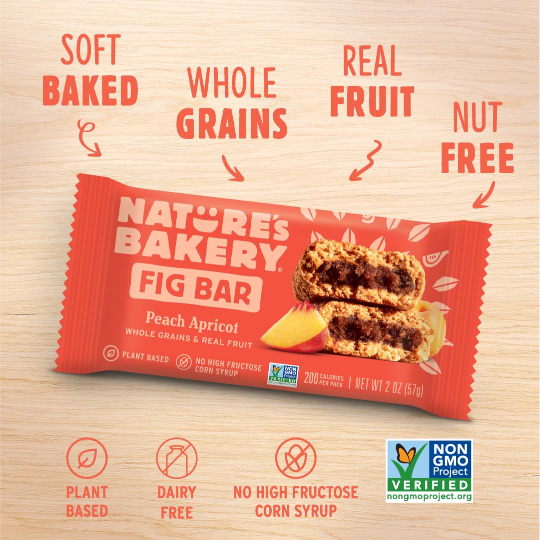 Nature's Bakery Whole Wheat Fig Bars – Peach Apricot, 6 Count (Pack of 6) | Vegan, Non-GMO Snack Bars
