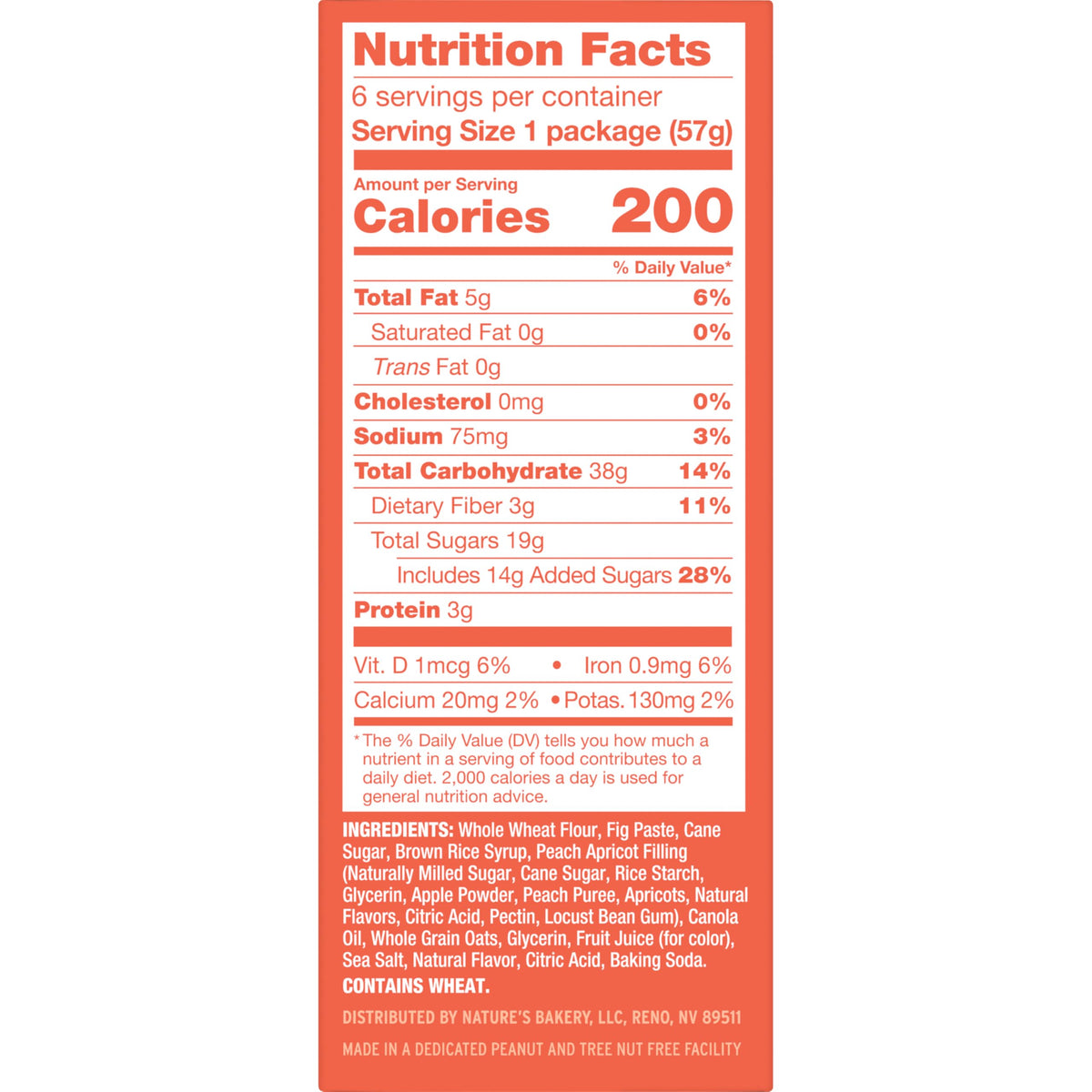 Nature's Bakery Whole Wheat Fig Bars – Peach Apricot, 6 Count (Pack of 6) | Vegan, Non-GMO Snack Bars