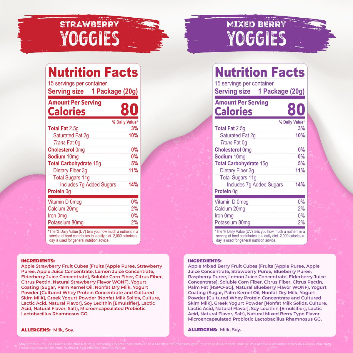 Nature's Garden Probiotic Yoggies Variety Pack — 21oz (30 x 0.7oz) Pack of 2 (Strawberry & Mixed Berry) Yogurt-Covered Snacks