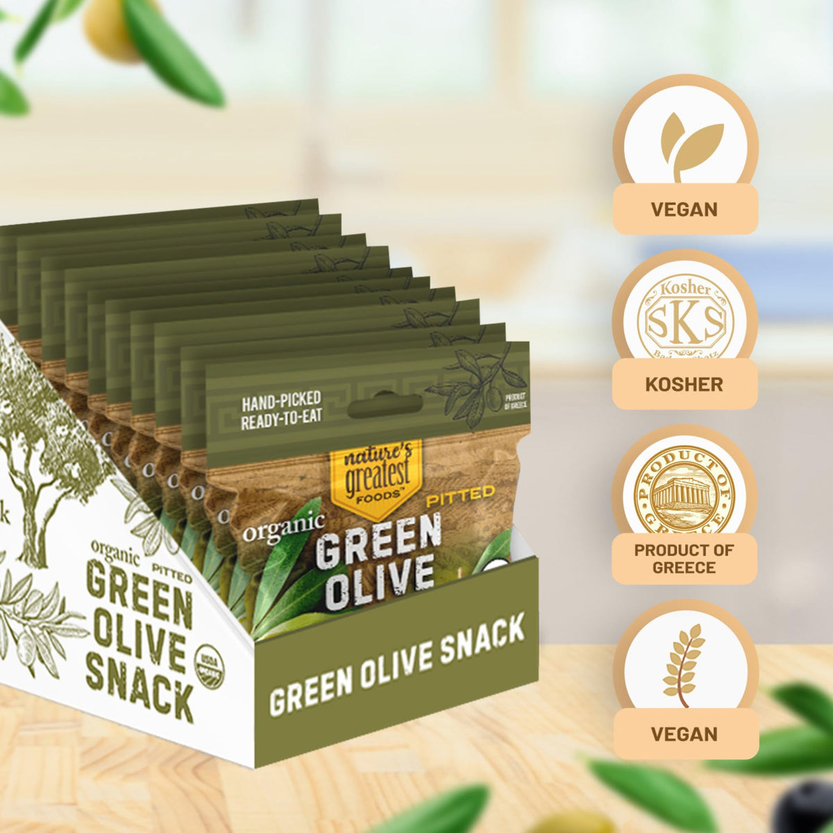 Organic Green Pitted Olive Snack by Nature’s Greatest Foods – 1.1 oz, Ready to Eat, Gluten Free, Kosher (Pack of 24)