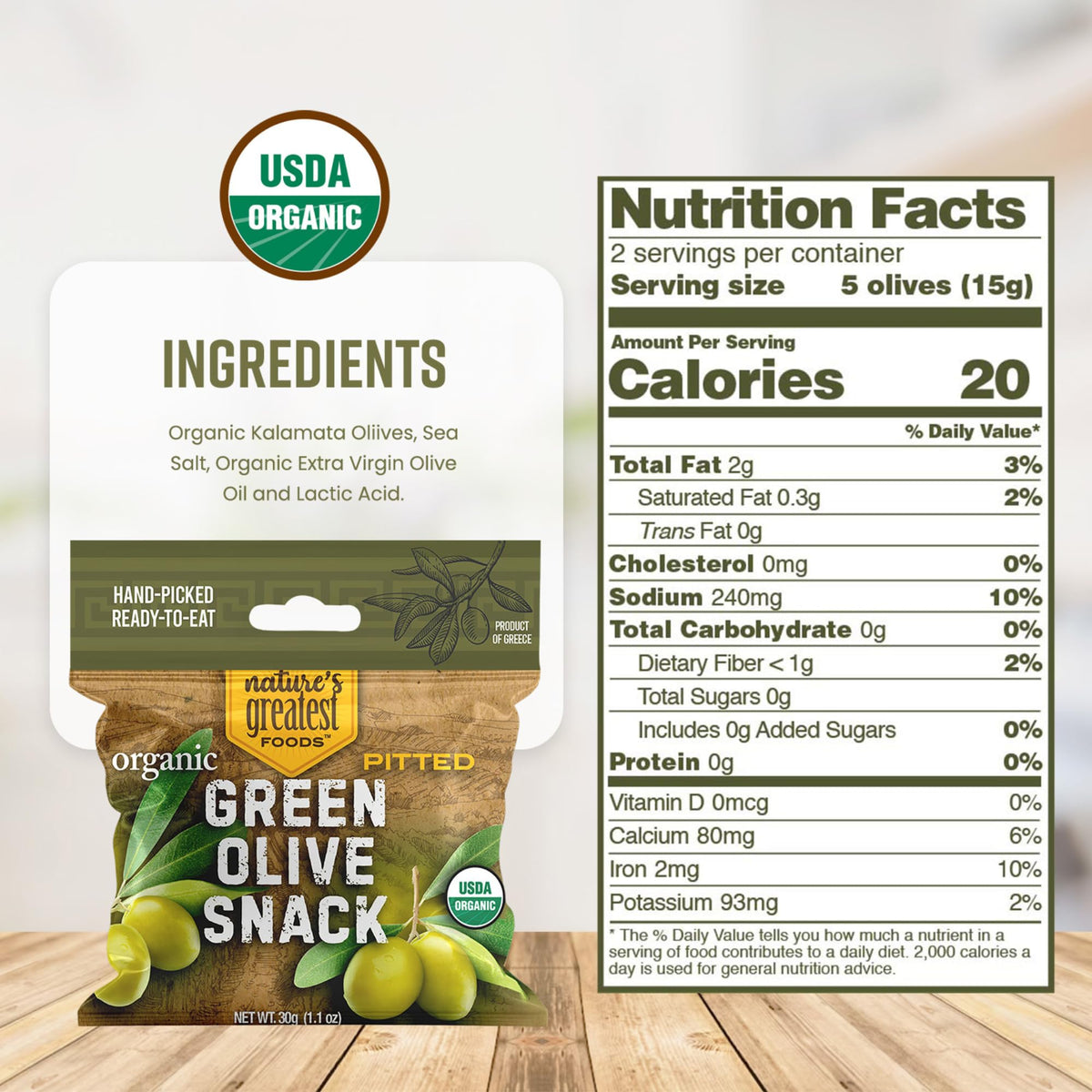 Organic Green Pitted Olive Snack by Nature’s Greatest Foods – 1.1 oz, Ready to Eat, Gluten Free, Kosher (Pack of 24)