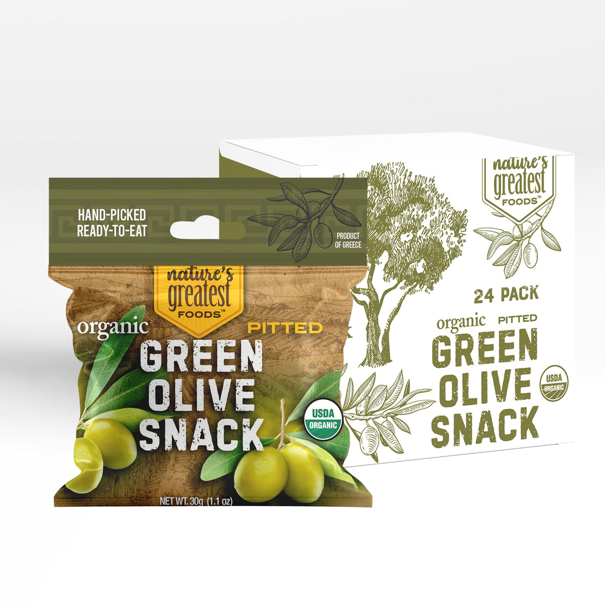 Organic Green Pitted Olive Snack by Nature’s Greatest Foods – 1.1 oz, Ready to Eat, Gluten Free, Kosher (Pack of 24)
