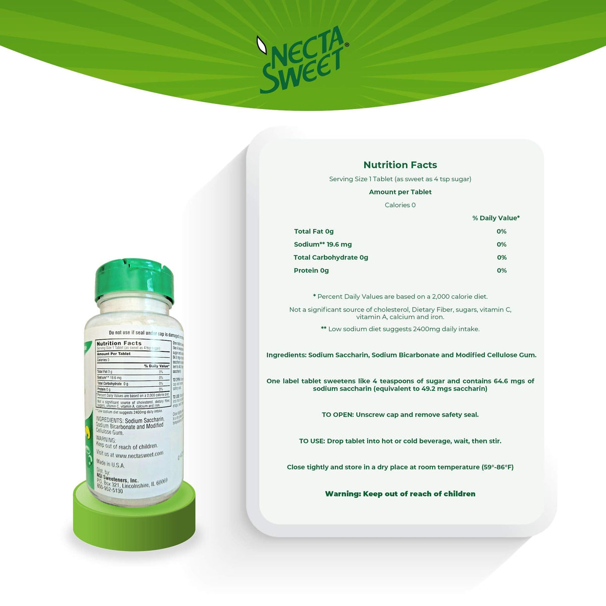 Necta Sweet 1-Grain Saccharin Tablets - Zero-Calorie Sugar Substitutes (3-Pack 1,000-Tablet Bottle)