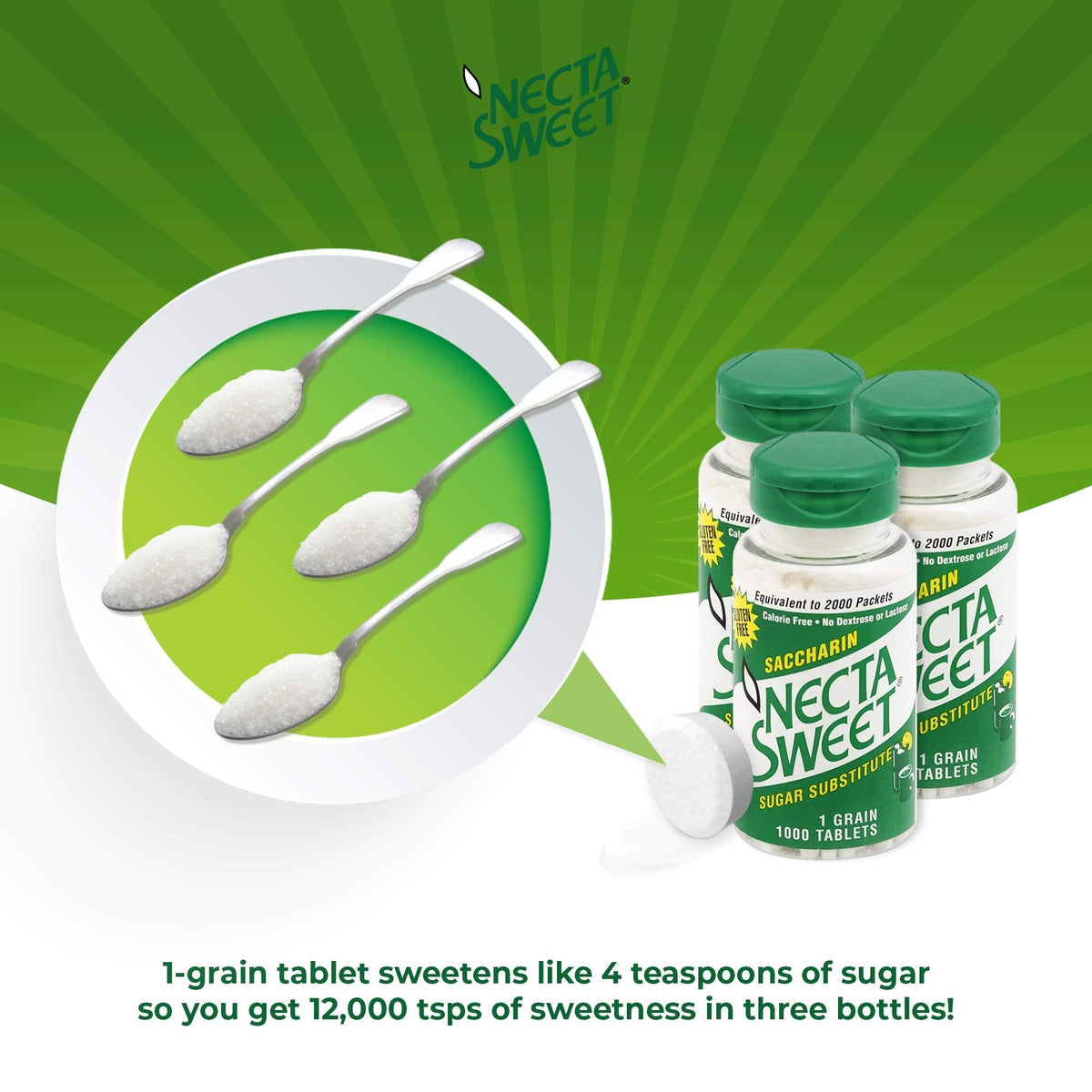 Necta Sweet 1-Grain Saccharin Tablets - Zero-Calorie Sugar Substitutes (3-Pack 1,000-Tablet Bottle)