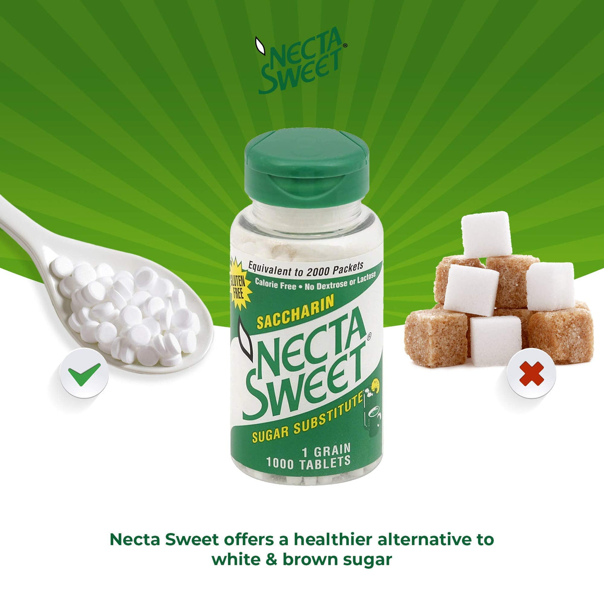 Necta Sweet 1-Grain Saccharin Tablets - Zero-Calorie Sugar Substitutes (3-Pack 1,000-Tablet Bottle)