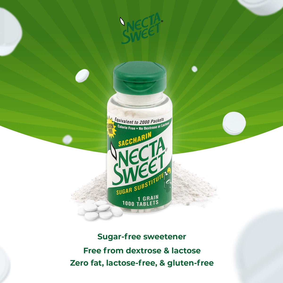 Necta Sweet 1-Grain Saccharin Tablets - Zero-Calorie Sugar Substitutes (3-Pack 1,000-Tablet Bottle)