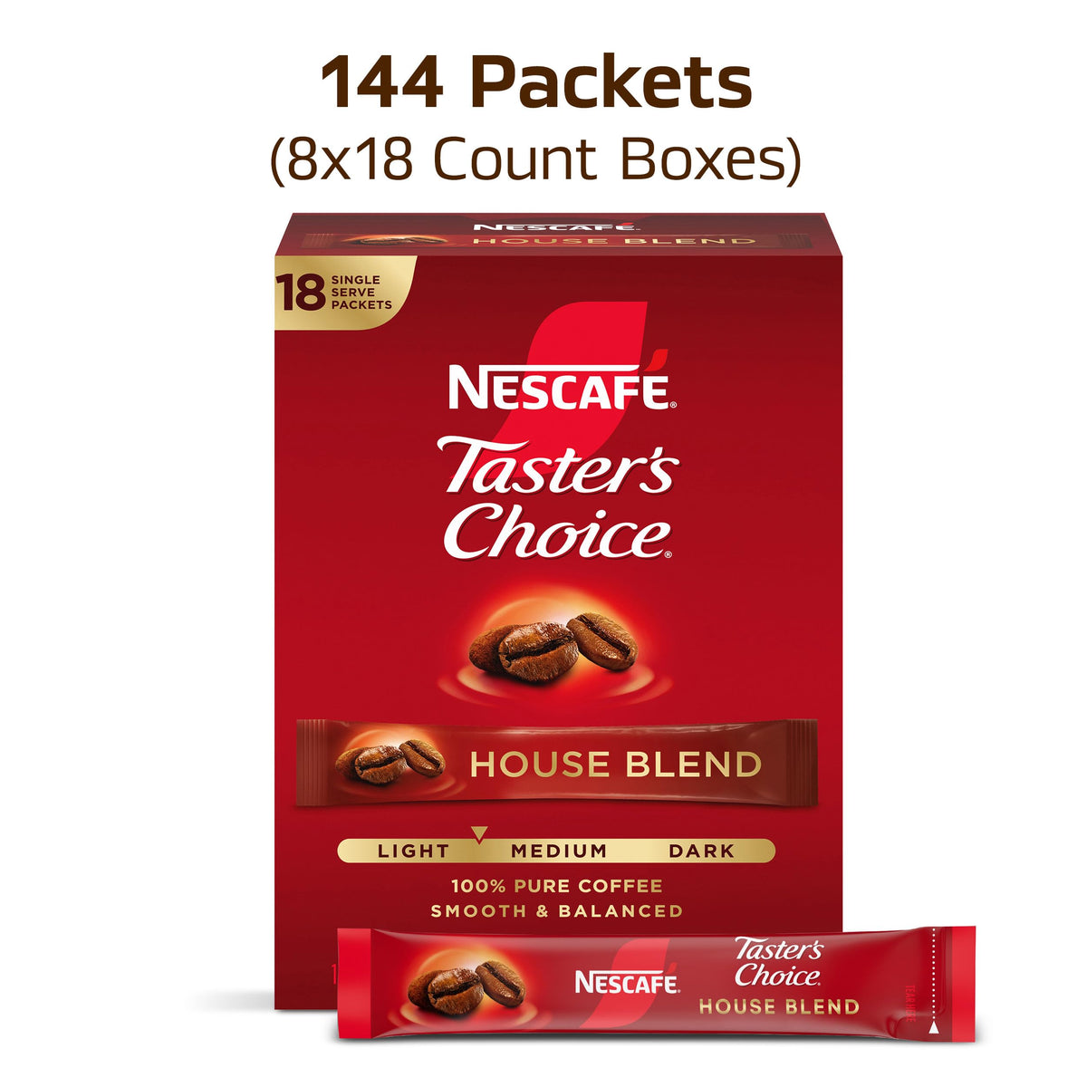 NESCAFÉ Taster's Choice House Blend Instant Coffee Packets – 144 Cups, Light to Medium Roast