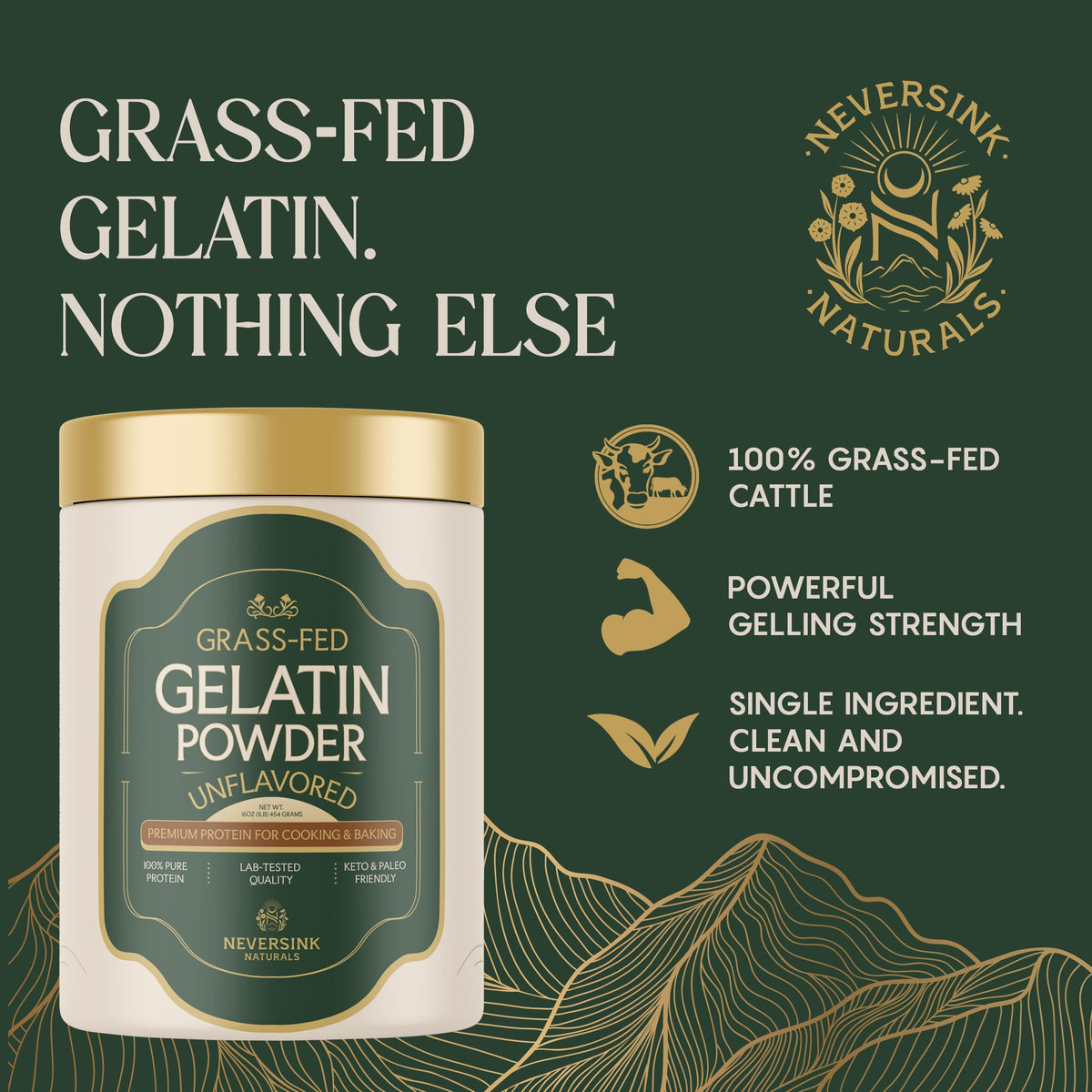Neversink Naturals Grass Fed Gelatin Powder - Unflavored, 11g Protein, Keto & Paleo