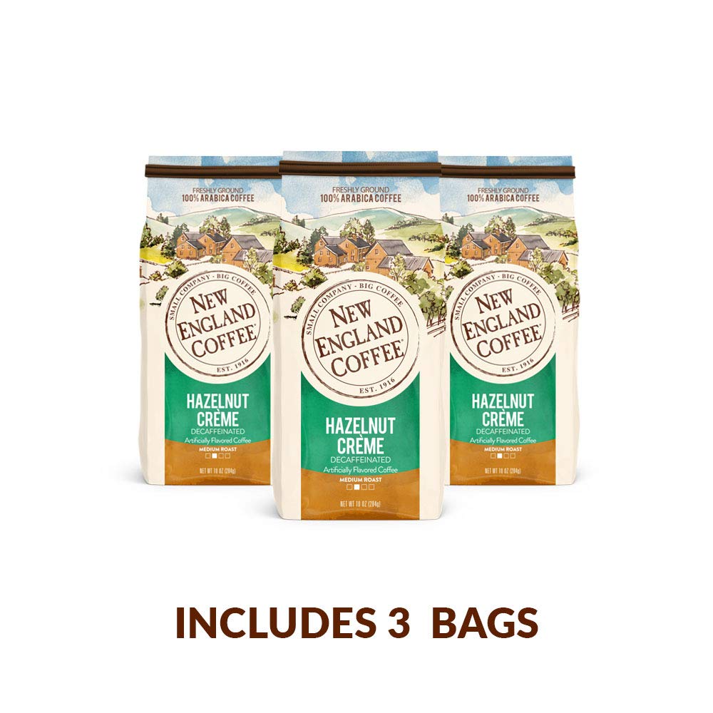 New England Coffee Hazelnut Creme Decaf Ground Coffee – Medium Roast, 10oz Bags (Pack of 3)