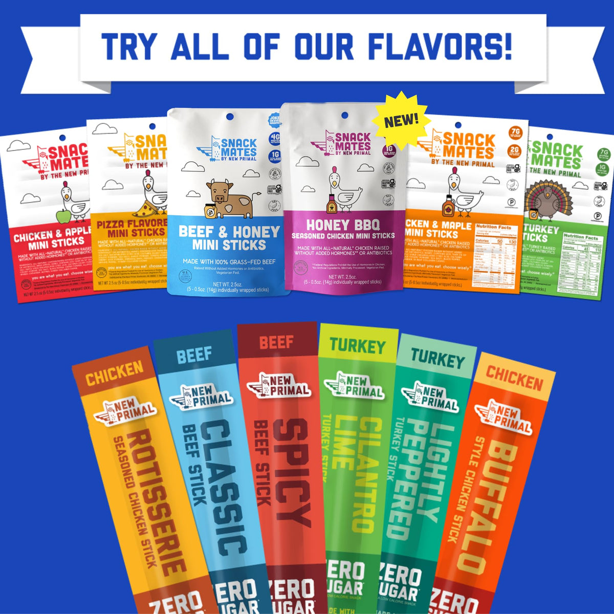 New Primal Meat Sticks Sampler – Grass-Fed Beef & All-Natural Chicken, Keto & Gluten-Free, 10-Count Variety Pack