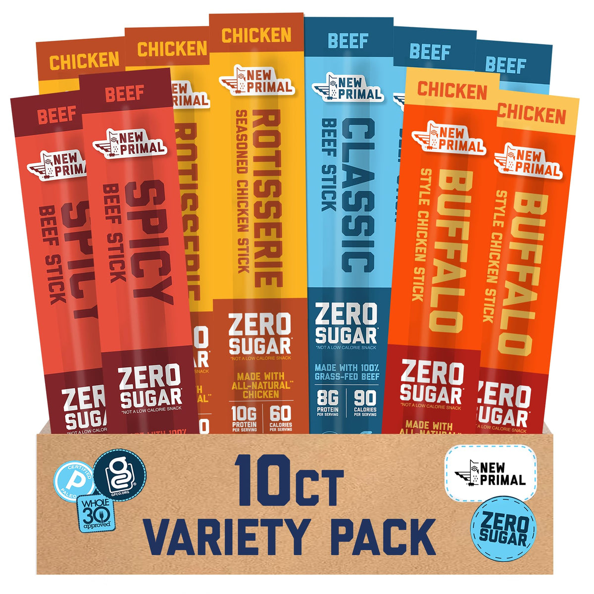 New Primal Meat Sticks Sampler – Grass-Fed Beef & All-Natural Chicken, Keto & Gluten-Free, 10-Count Variety Pack