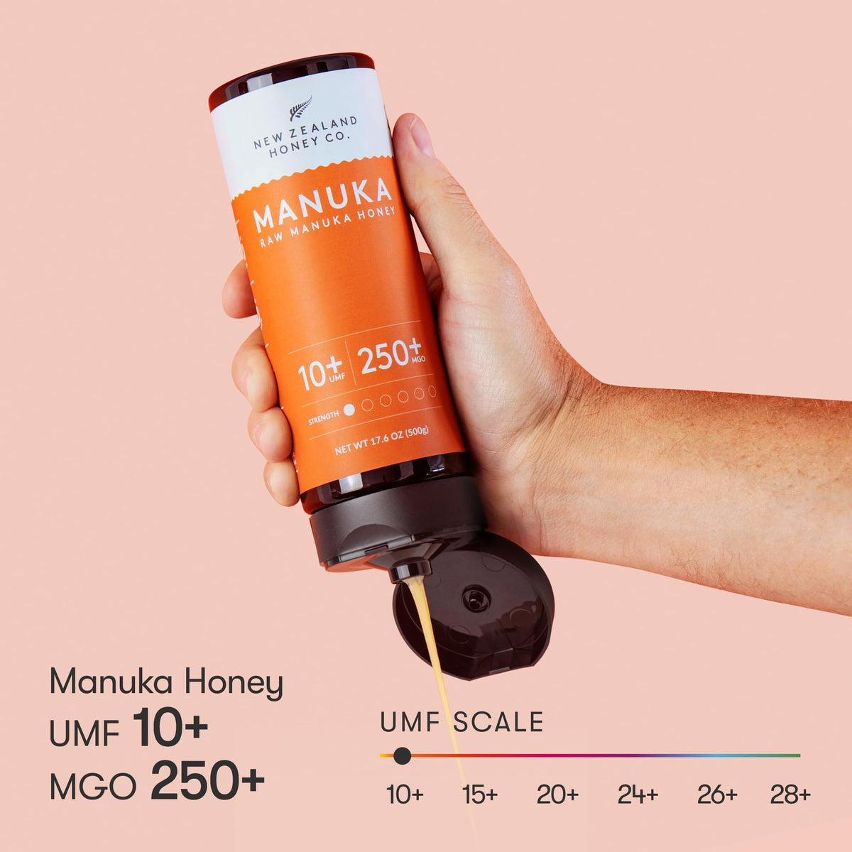 New Zealand Honey Co. Pure Manuka Honey UMF 10+ / MGO 250+ – 17.6oz (500g) Squeeze Bottle