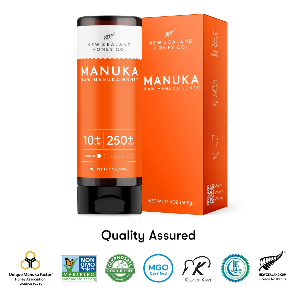 New Zealand Honey Co. Pure Manuka Honey UMF 10+ / MGO 250+ – 17.6oz (500g) Squeeze Bottle