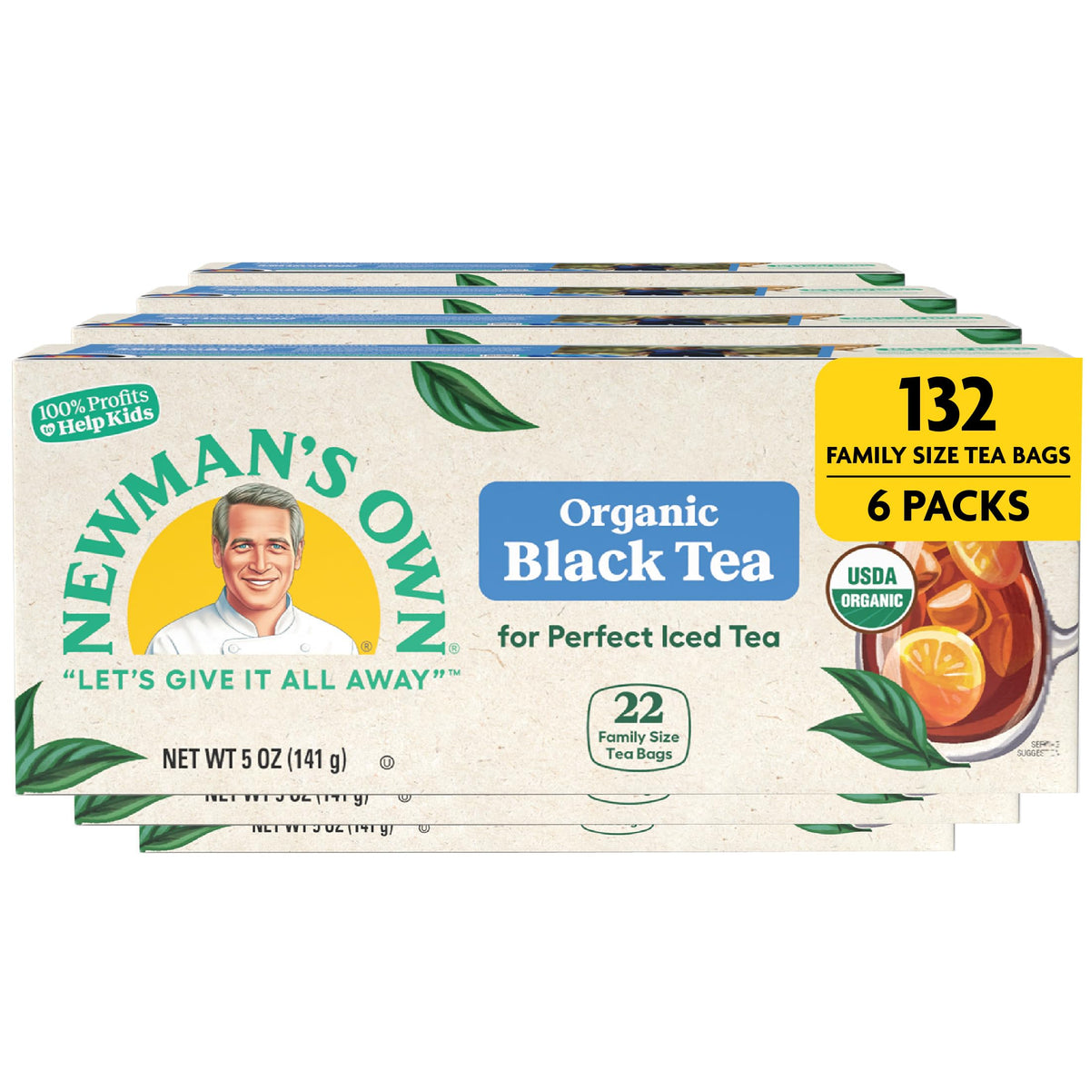 Newman's Own Organic Black Tea – Unsweetened, 22 Bags/Box, Pack of 6 (USDA Organic, Kosher)