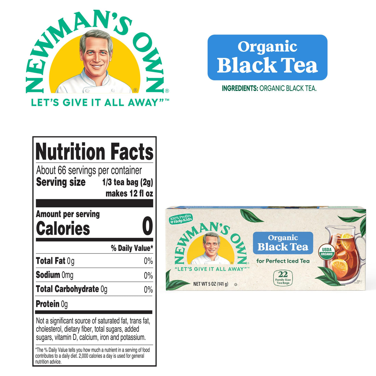 Newman's Own Organic Black Tea – Unsweetened, 22 Bags/Box, Pack of 6 (USDA Organic, Kosher)