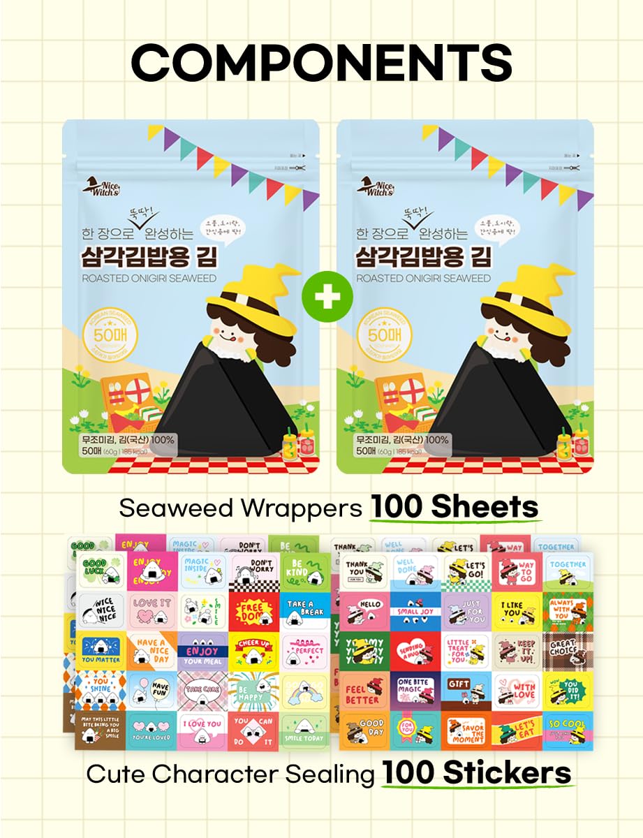 Nice Witch's Seaweed Nori – 100 Sheets for Gimbap, Onigiri & Triangle Rice Balls (Korean Nori, 2x50)