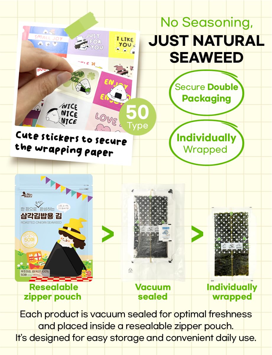 Nice Witch's Seaweed Nori – 100 Sheets for Gimbap, Onigiri & Triangle Rice Balls (Korean Nori, 2x50)