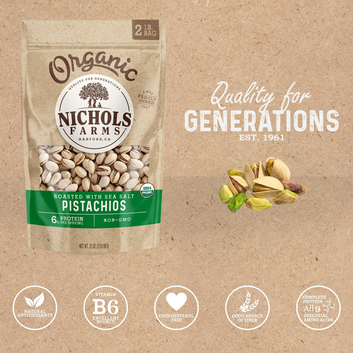Nichols Farms California Pistachios – Organic Roasted Salted, Sea Salt, 32 oz Bag