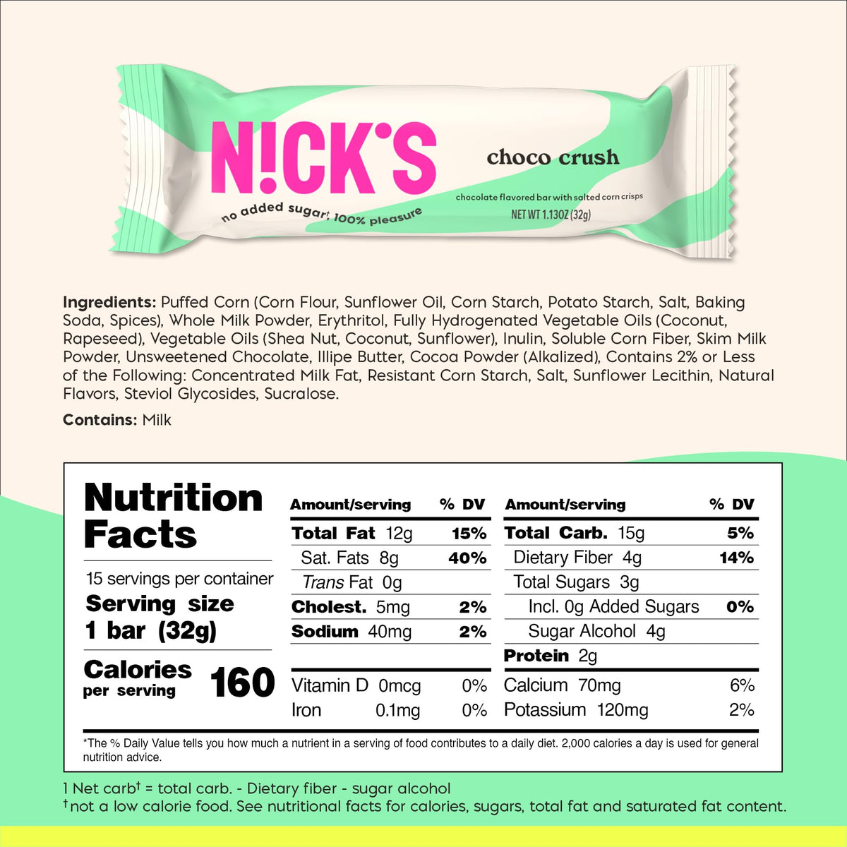N!CK'S Choco Crush Bar – No Added Sugar, Gluten Free, 160 Calories, 15-Pack