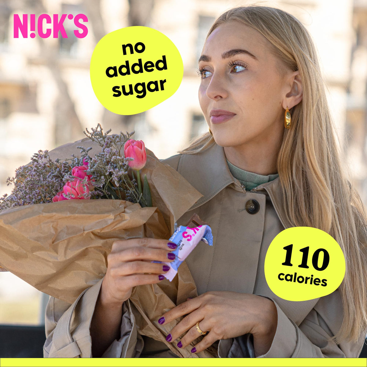 N!CK'S Soft Toffee Chocolate Bar with Caramel – No Added Sugar, 110 Cals, 3.5g Net Carbs, Gluten Free, 15-Pack