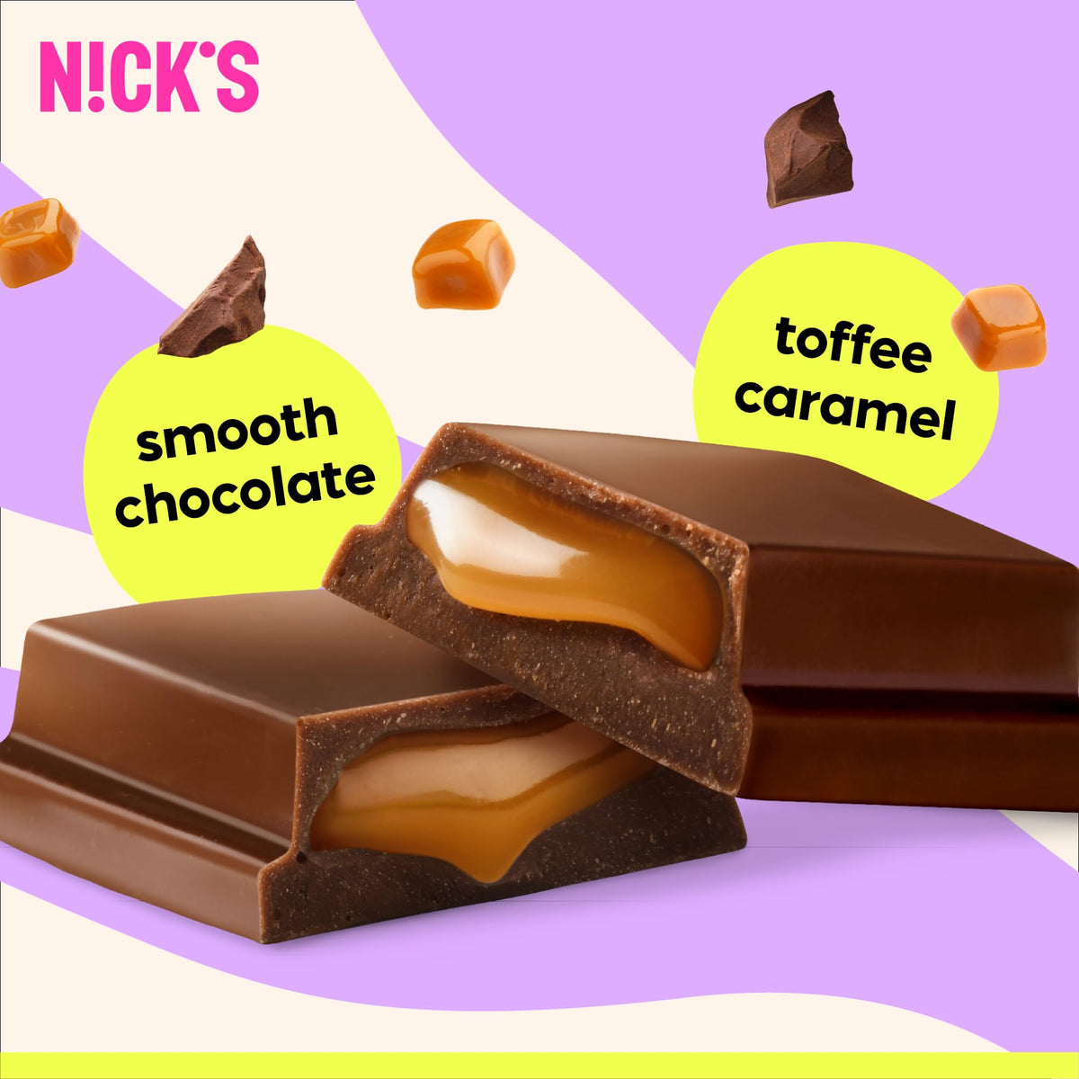 N!CK'S Soft Toffee Chocolate Bar with Caramel – No Added Sugar, 110 Cals, 3.5g Net Carbs, Gluten Free, 15-Pack