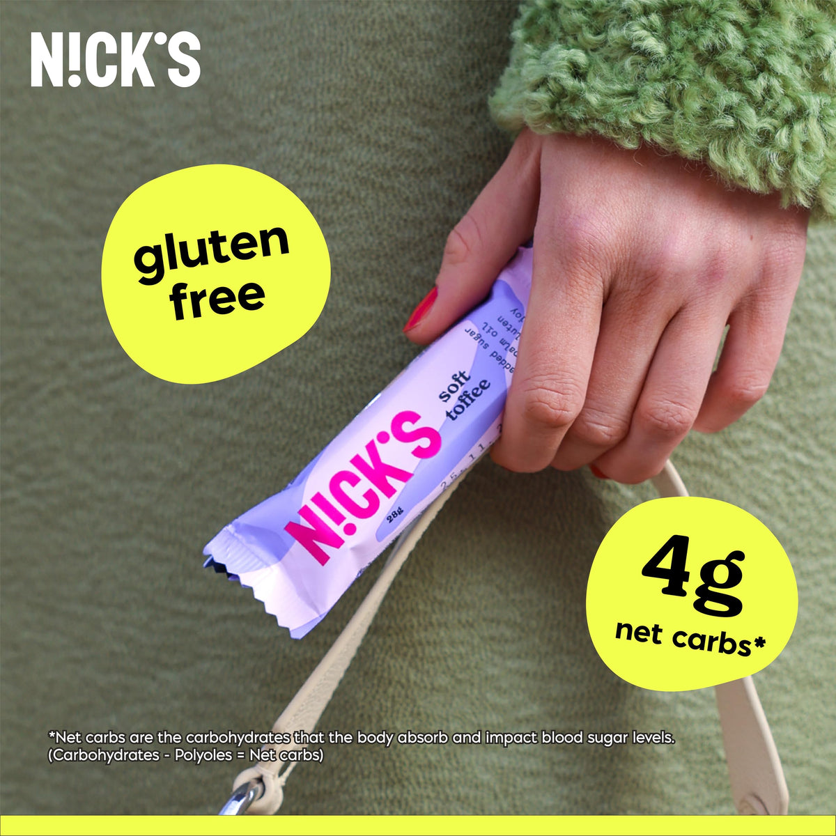 N!CK'S Soft Toffee Chocolate Bar with Caramel – No Added Sugar, 110 Cals, 3.5g Net Carbs, Gluten Free, 15-Pack