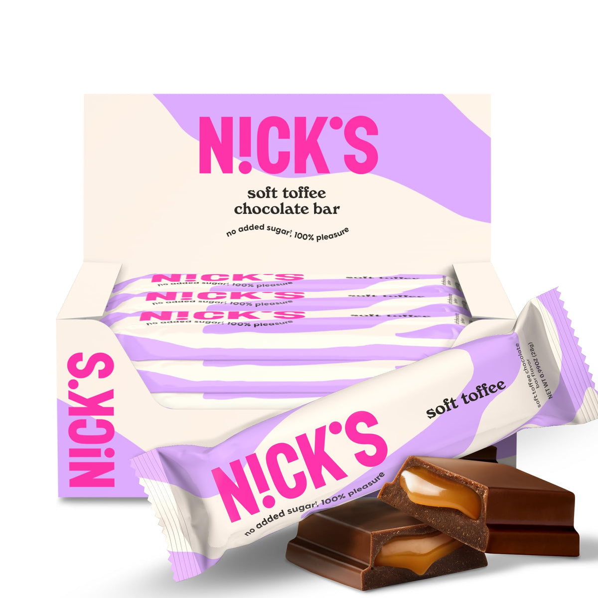 N!CK'S Soft Toffee Chocolate Bar with Caramel – No Added Sugar, 110 Cals, 3.5g Net Carbs, Gluten Free, 15-Pack