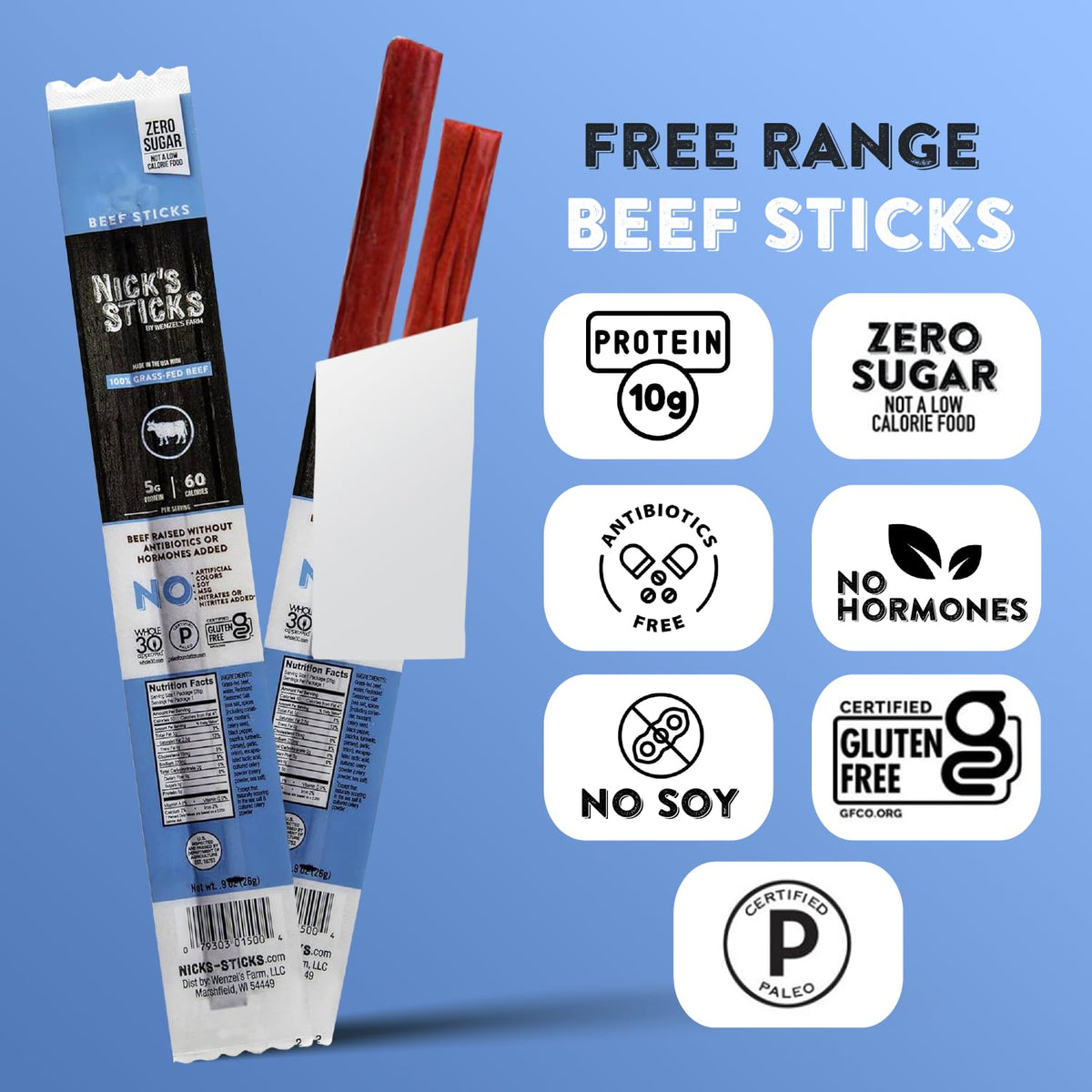 Nick's Sticks Clean & Balanced 100% Grass-Fed Beef Snack Sticks – Made in USA | Gluten Free | Paleo, Keto, Whole30