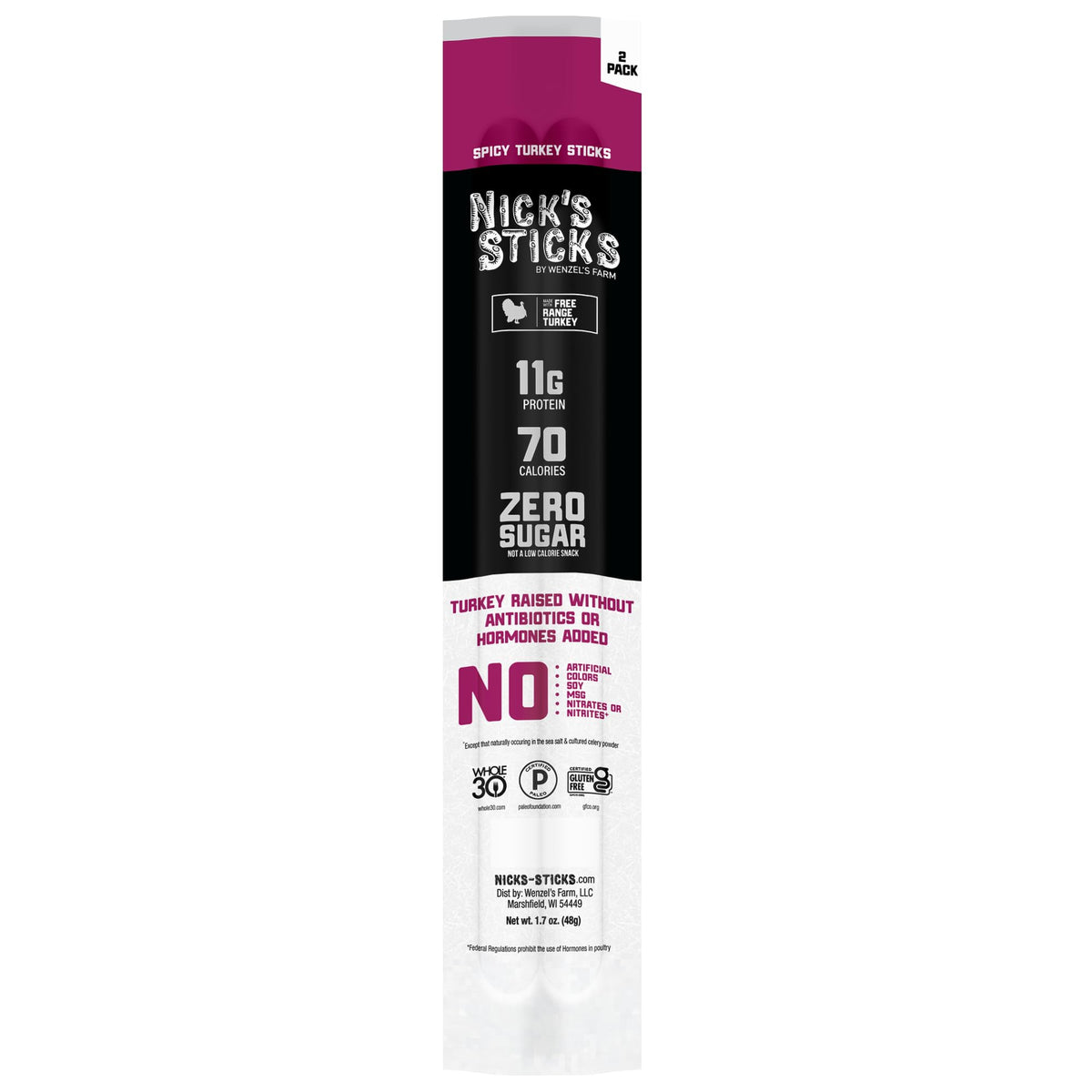 Nick's Sticks Clean & Balanced Spicy Free Range Turkey Snack Sticks – 25-Pack, Made in USA, Gluten Free, Paleo, Keto