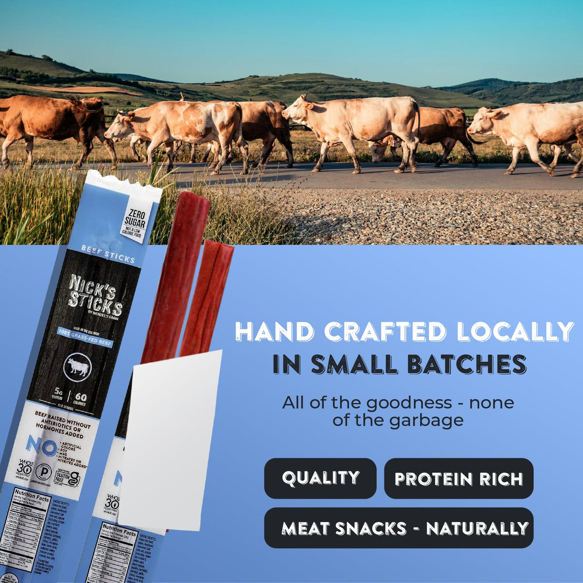 Nick's Sticks Clean & Balanced 100% Grass-Fed Beef Snack Sticks – Gluten Free, Keto & Paleo Approved – Made in USA (12 Twin Packs)