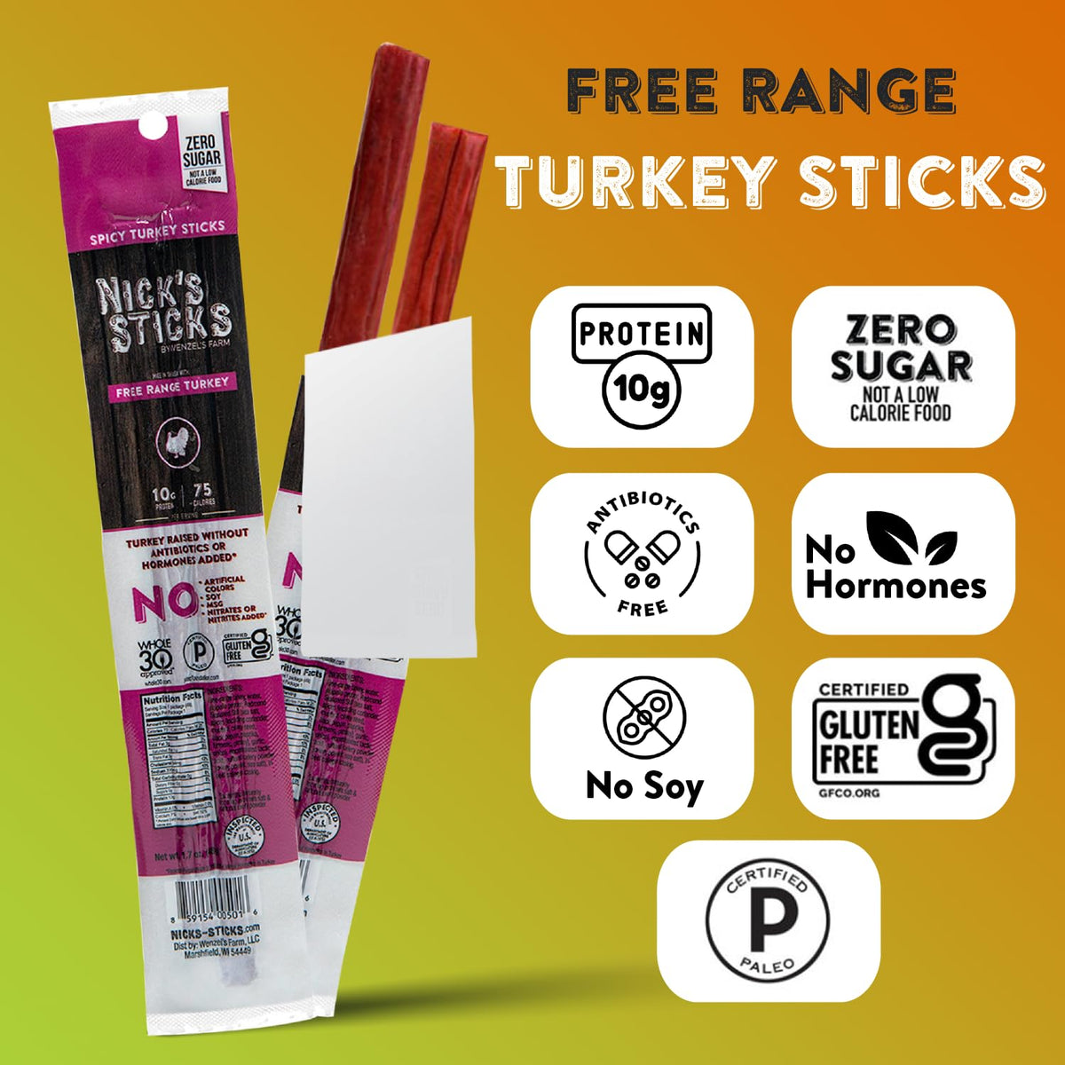 Nick's Sticks Clean & Balanced Spicy Free Range Turkey Snack Sticks – 25-Pack, Made in USA, Gluten Free, Paleo, Keto