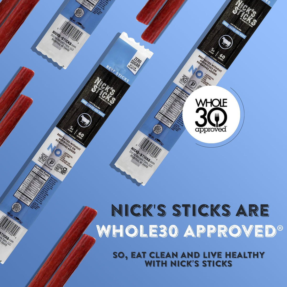 Nick's Sticks Clean & Balanced 100% Grass-Fed Beef Snack Sticks – Gluten Free, Keto & Paleo Approved – Made in USA (12 Twin Packs)