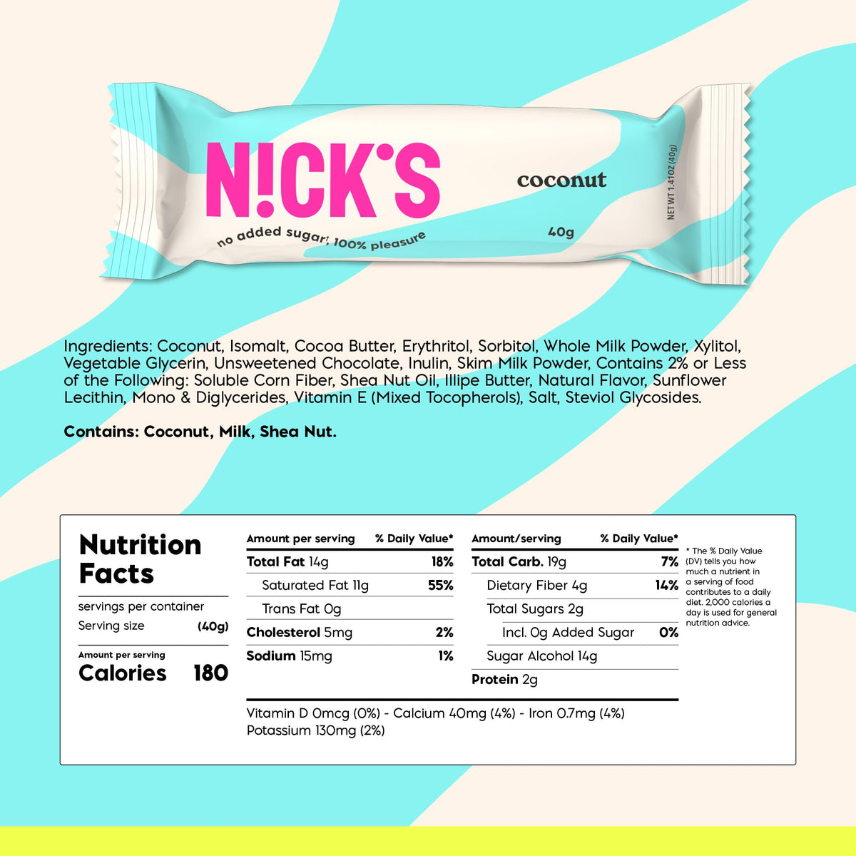 NICK'S Coconut Keto Chocolate Bars – No Added Sugar, Gluten Free, Low Carb (15-Pack, 40g Each)