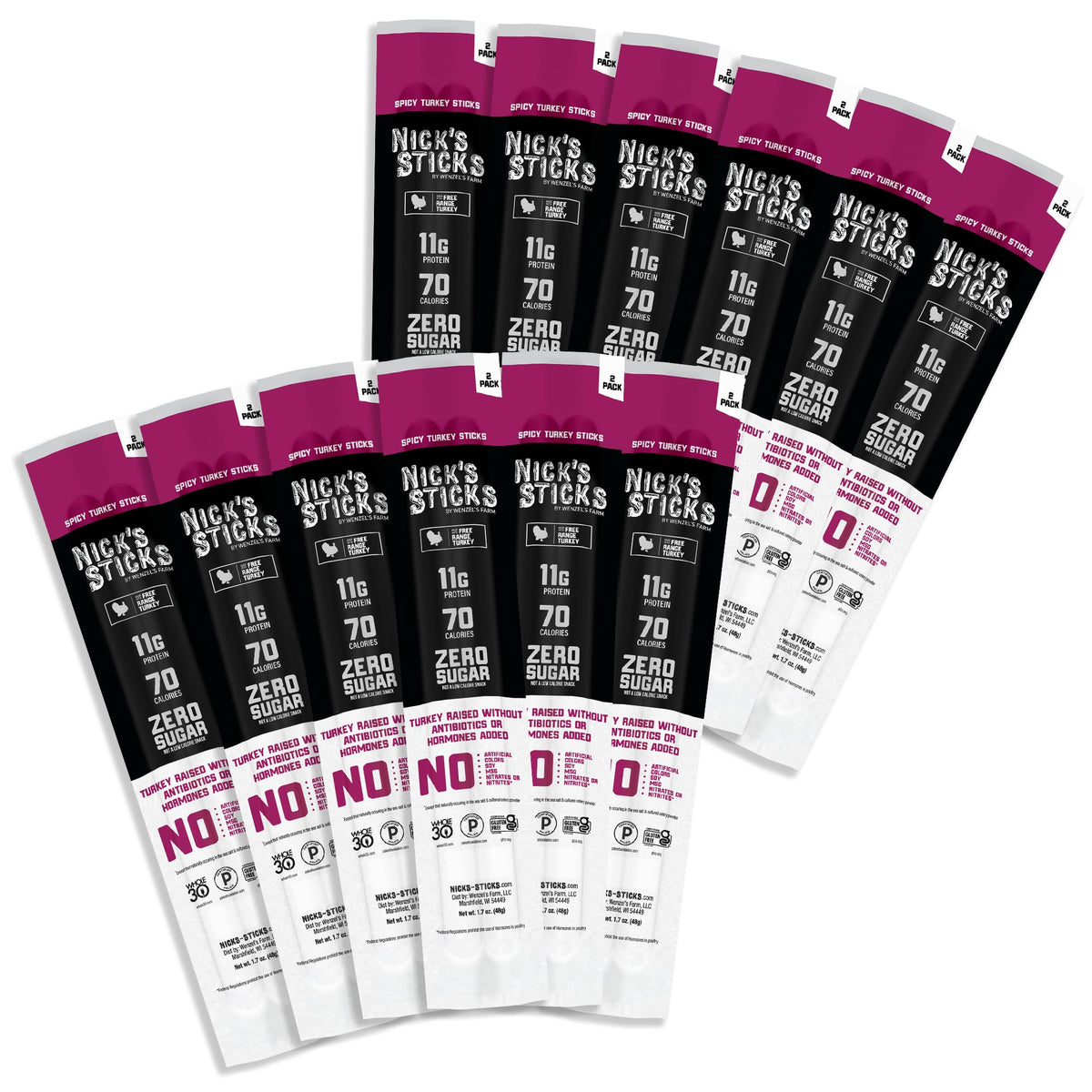 Nick's Sticks Clean & Balanced Spicy Free Range Turkey Sticks - Gluten Free, Paleo & Keto | Made in USA | 12-Pack of 1.7oz Twin Packs