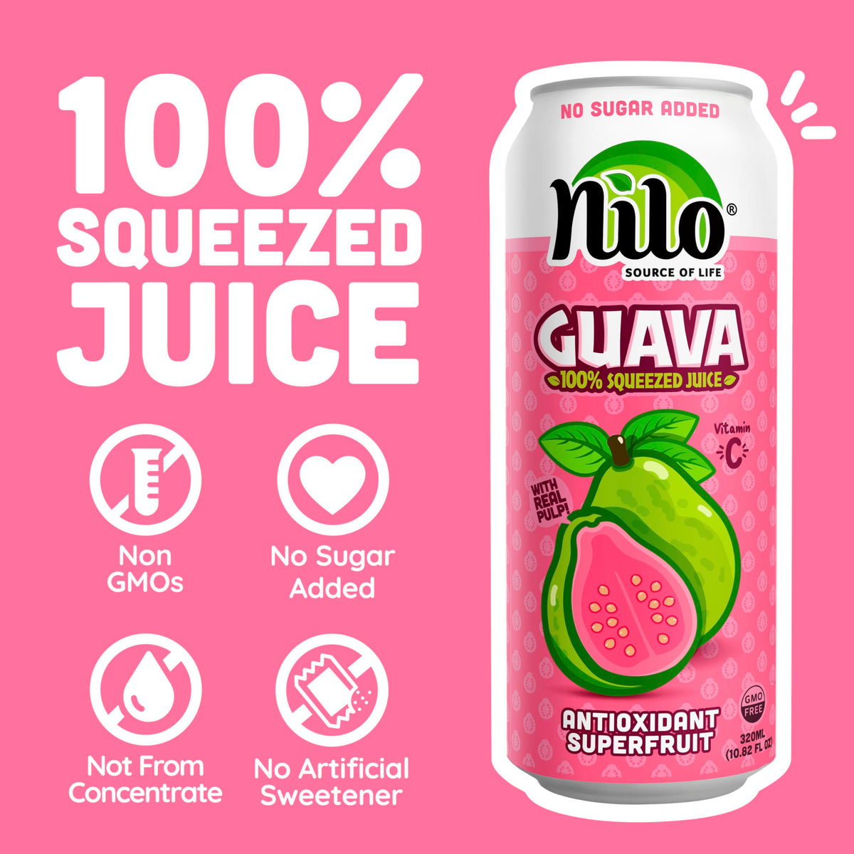 NILO Guava Juice | 100% Pink Guava, No Sugar Added, Not From Concentrate | 10.8 oz (Pack of 12)