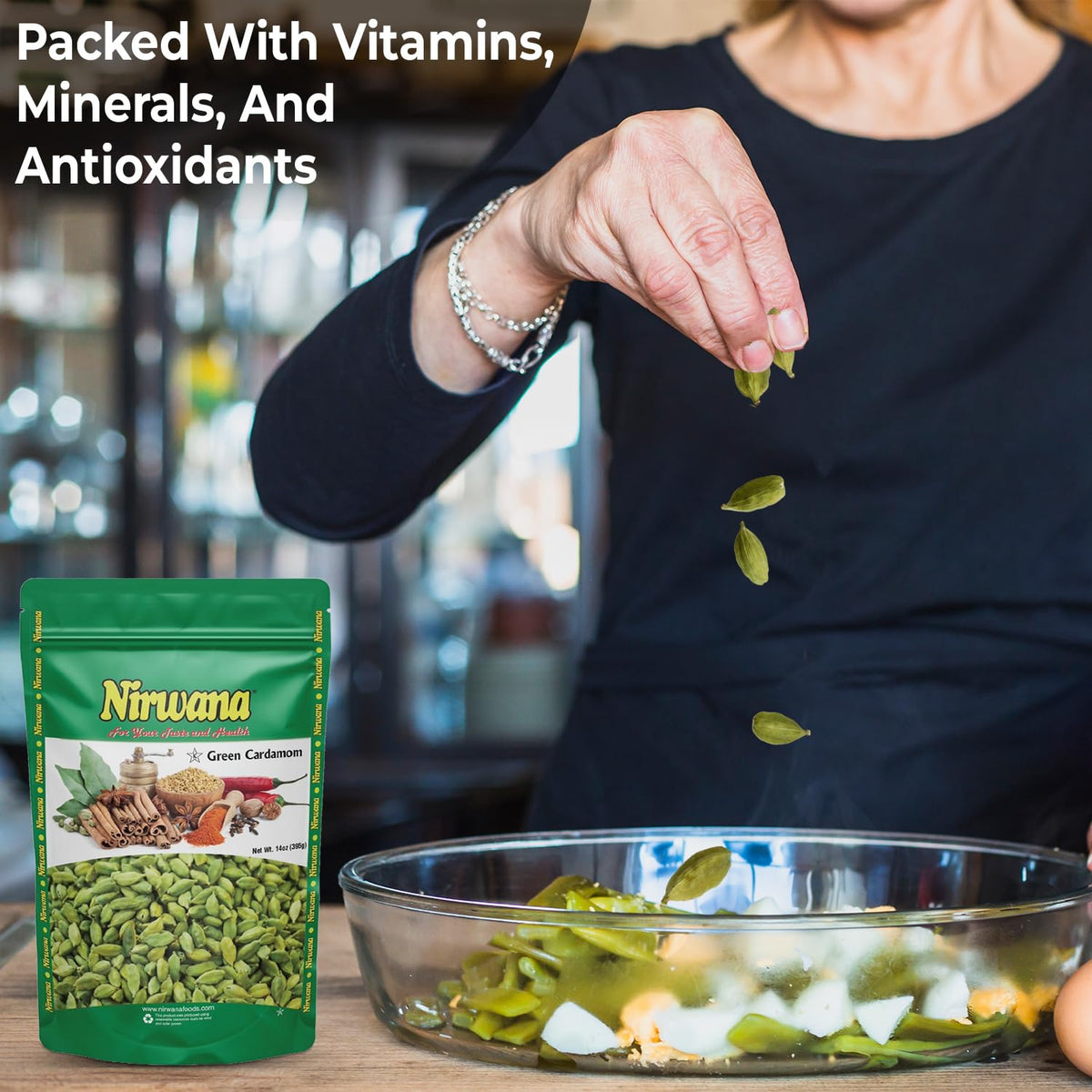 Nirwana Premium Green Cardamom Pods – 14oz, Aromatic Whole Cardamom for Cooking, Chai & Curries
