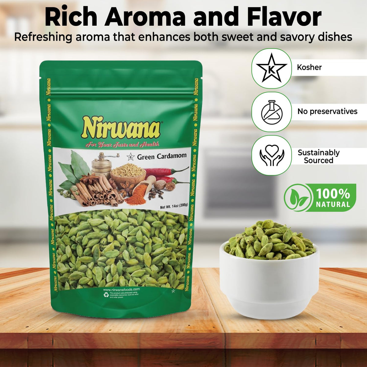 Nirwana Premium Green Cardamom Pods – 14oz, Aromatic Whole Cardamom for Cooking, Chai & Curries