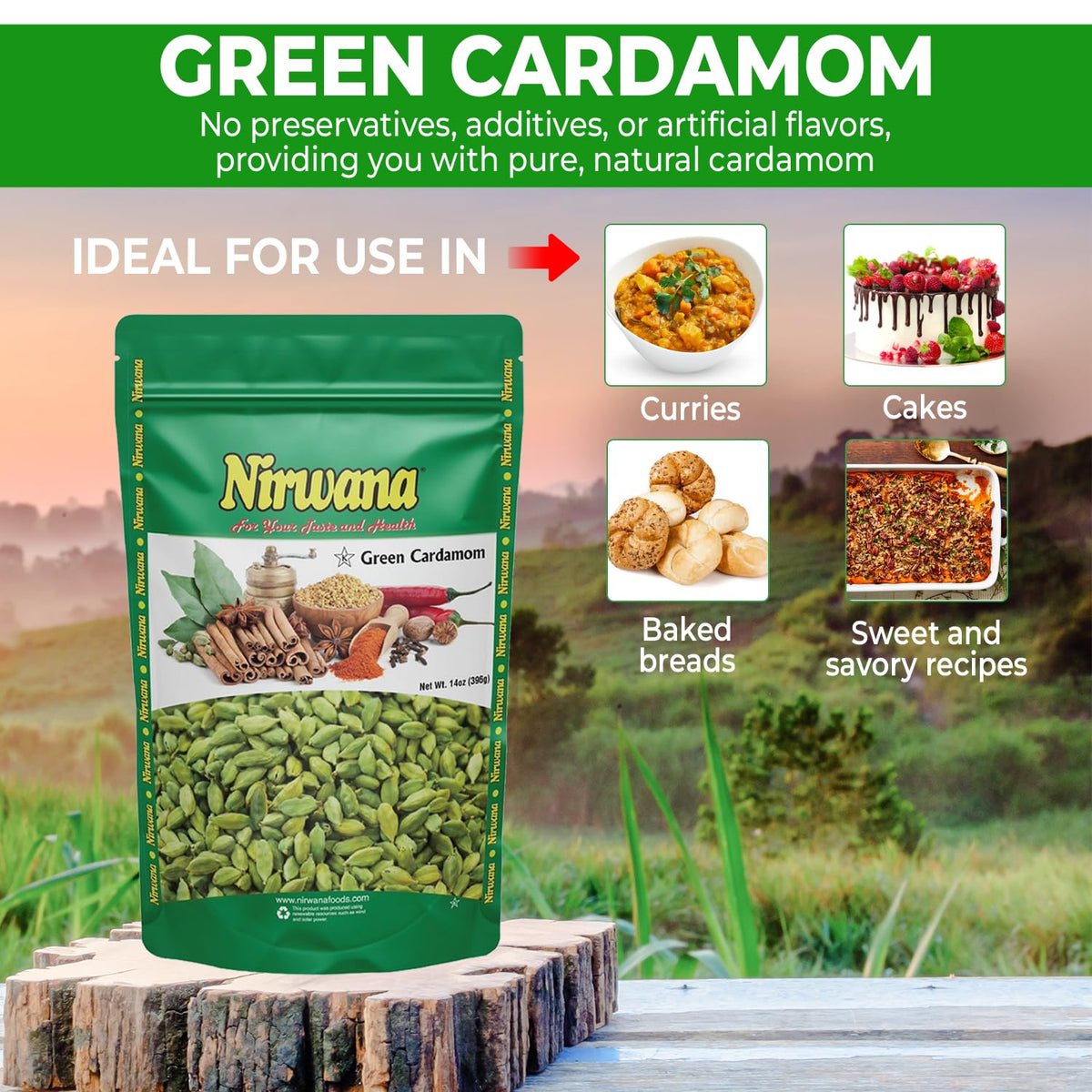 Nirwana Premium Green Cardamom Pods – 14oz, Aromatic Whole Cardamom for Cooking, Chai & Curries