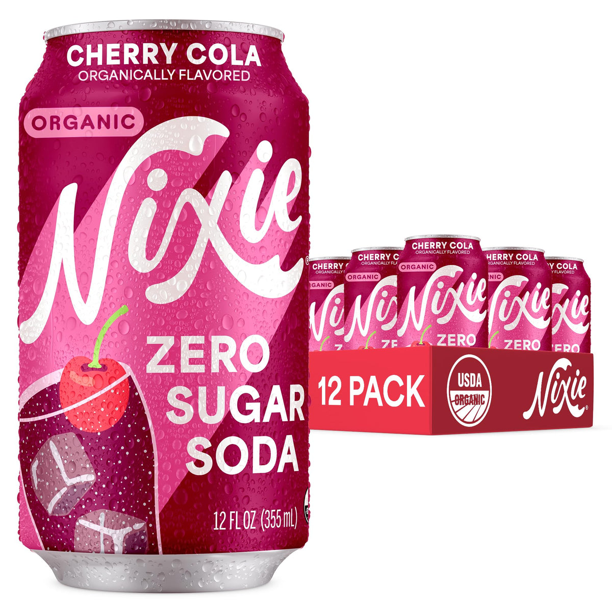 Nixie Organic Zero Sugar Cherry Cola Soda – 0 Sugar, 0 Calories, 40mg Caffeine, 12oz Cans (12 Pack) | Non-GMO & Organic