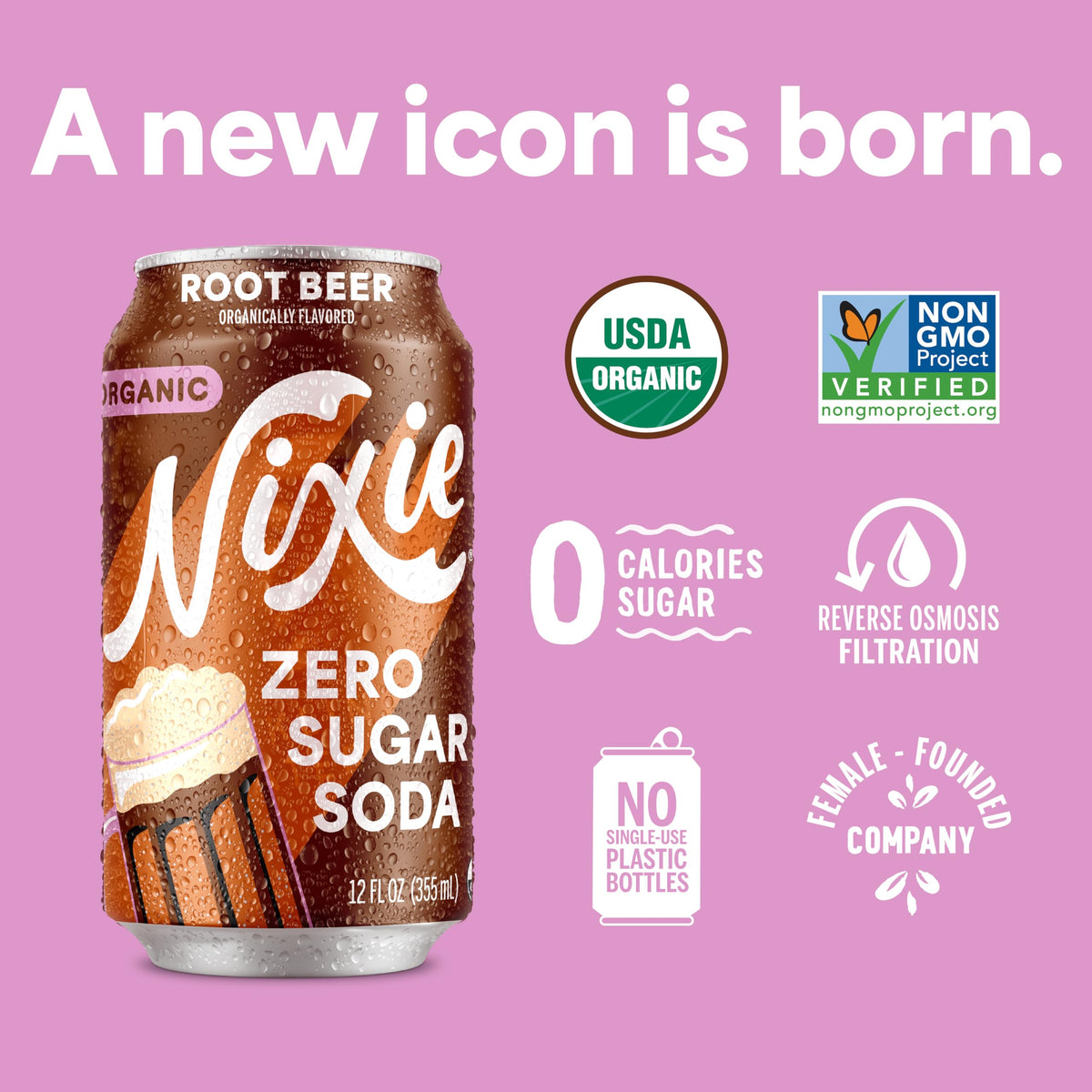Nixie Organic Zero Sugar Root Beer Soda – 0 Sugar, 0 Cal, Caffeine Free, 12 Pack