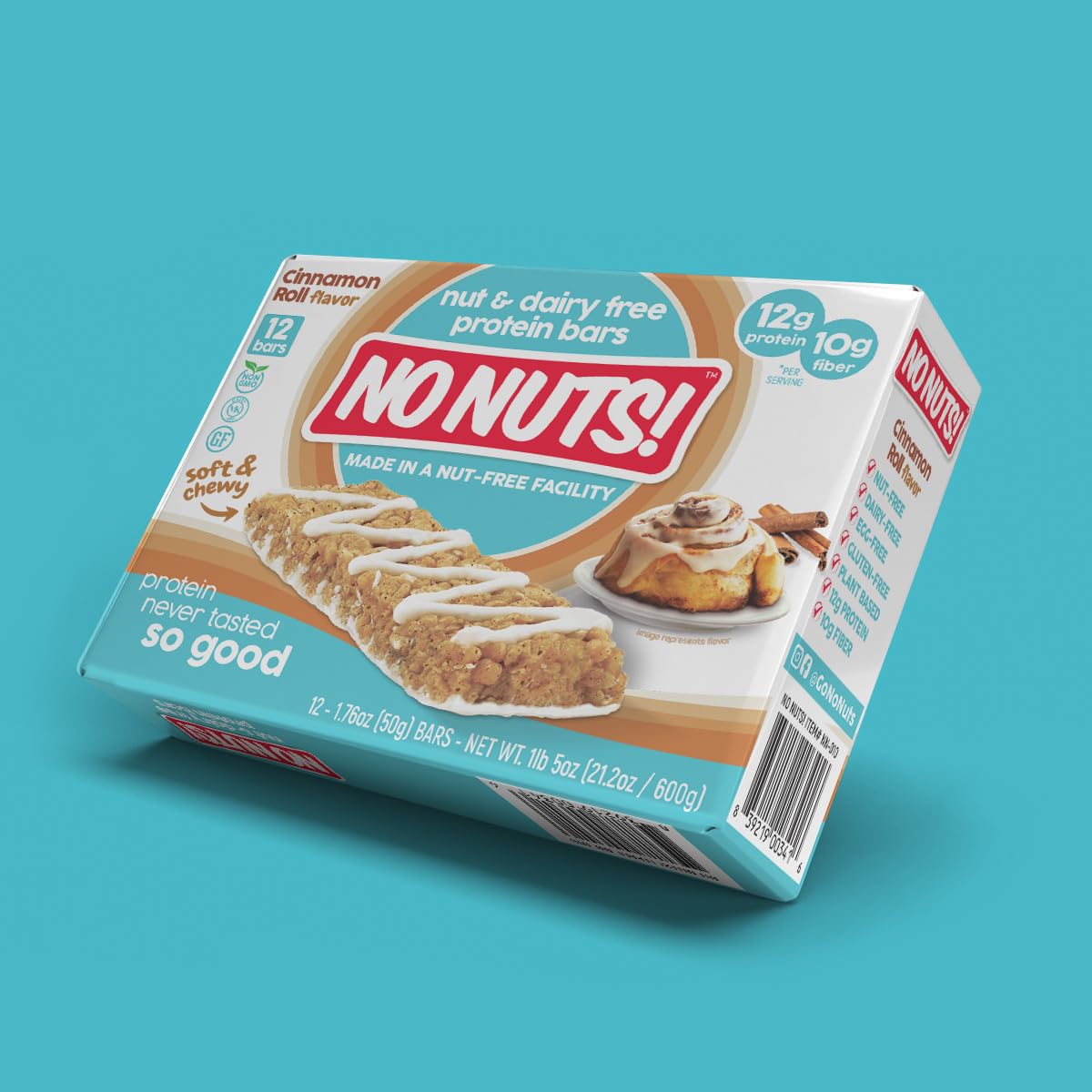 No Nuts! Cinnamon Roll Protein Bars – Nut-Free, Dairy-Free, Vegan, Organic, 12g Protein, 10g Fiber, 12 Count